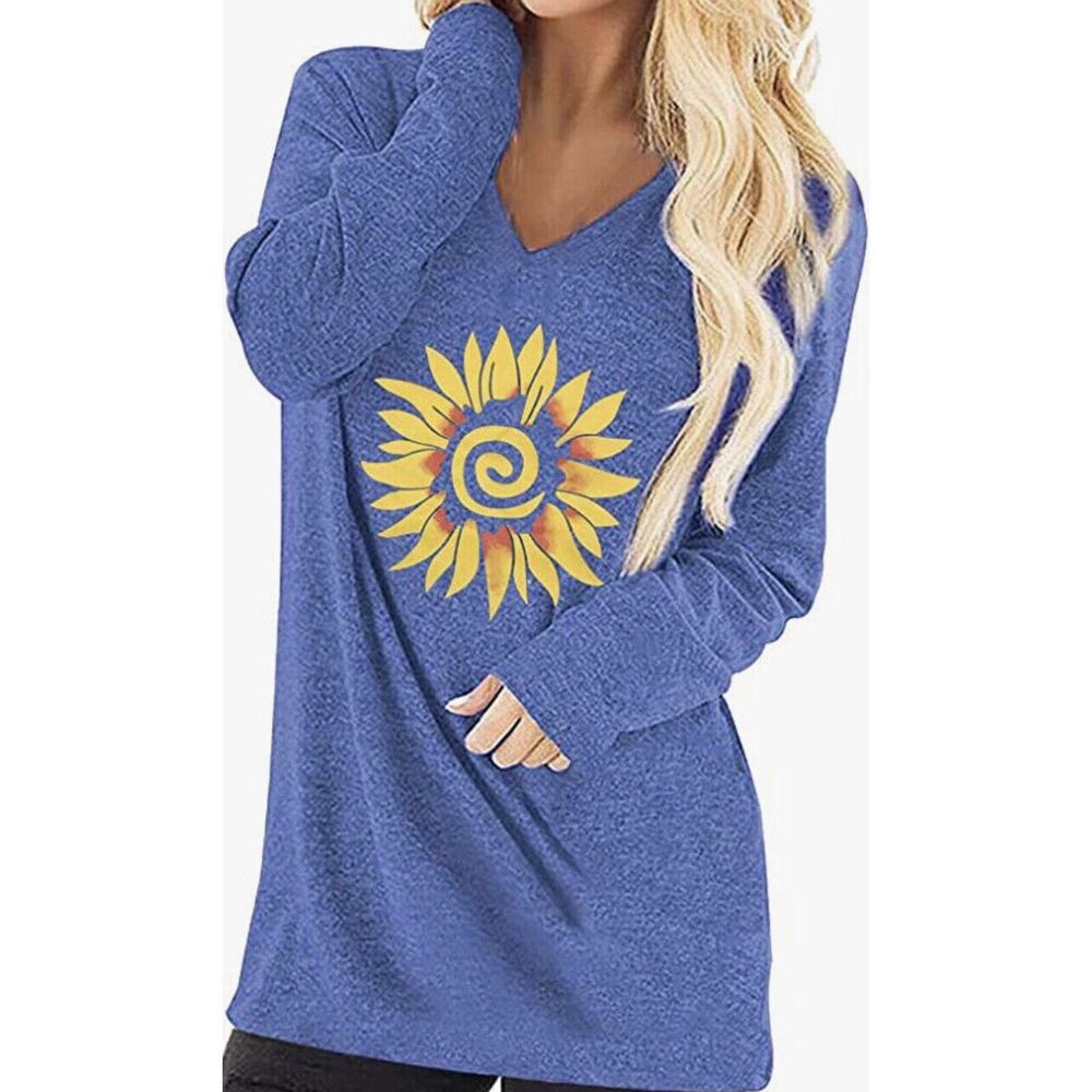 Miselon Womens Lg V Neck Long Sleeve Casual Tunic Tops Blouse Sunflower Design